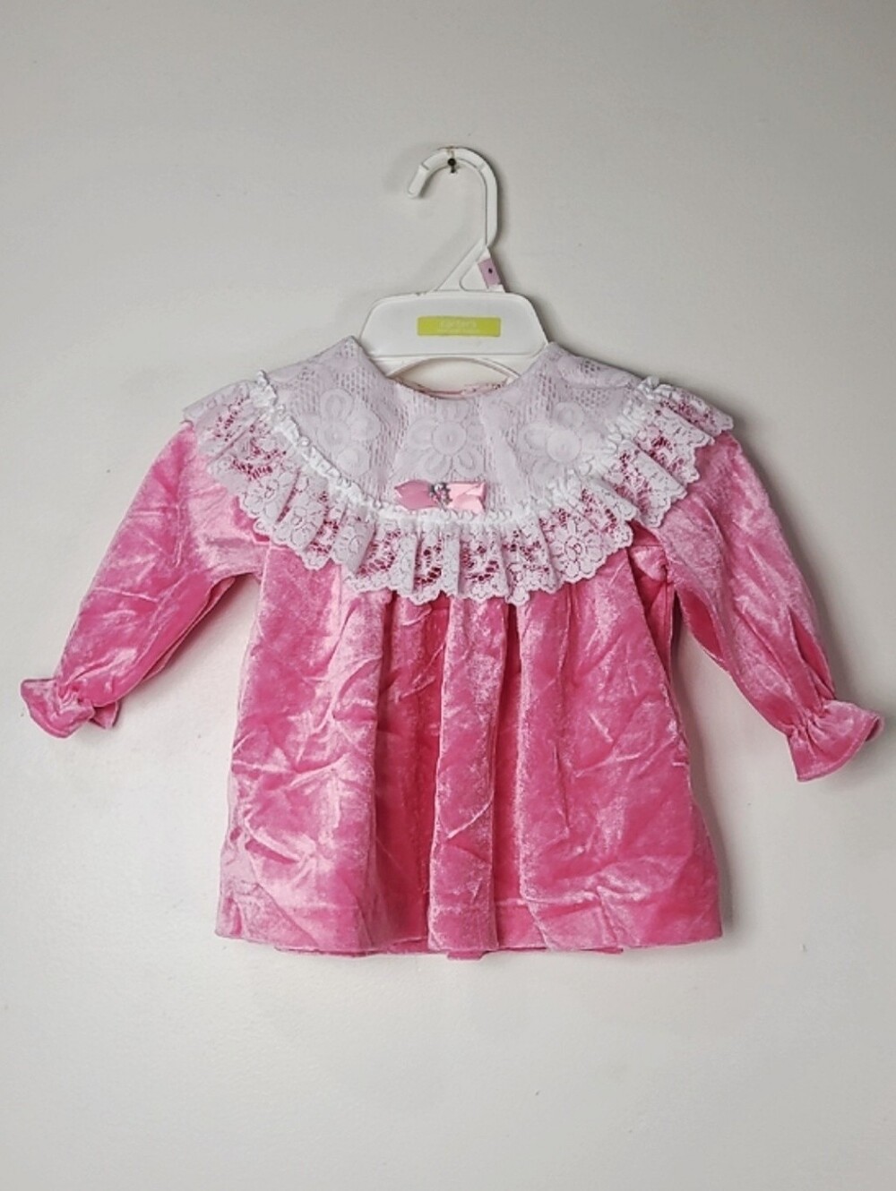Vtg 80s Sweet Treats Pink Velour Velvet Ruffle Lace Trim Bib Collar Dress 18M